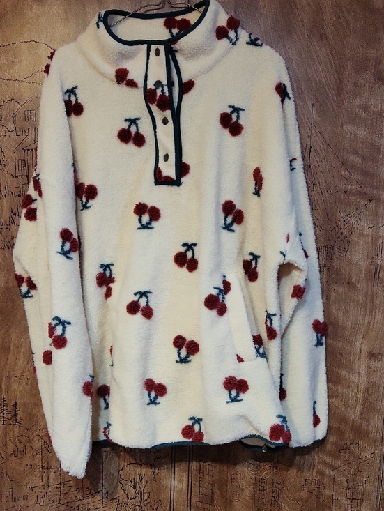 new in Tops - Cozy Cherry Print Sherpa Pullover Hoodie - Cream